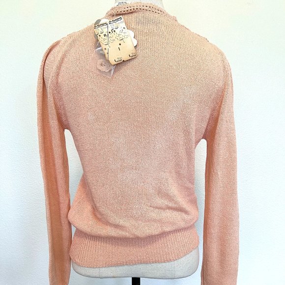 NET 70's "Organically Grown" Pastel Peach Pullover Crochet Vneck Sweater - Large - Picture 7 of 10